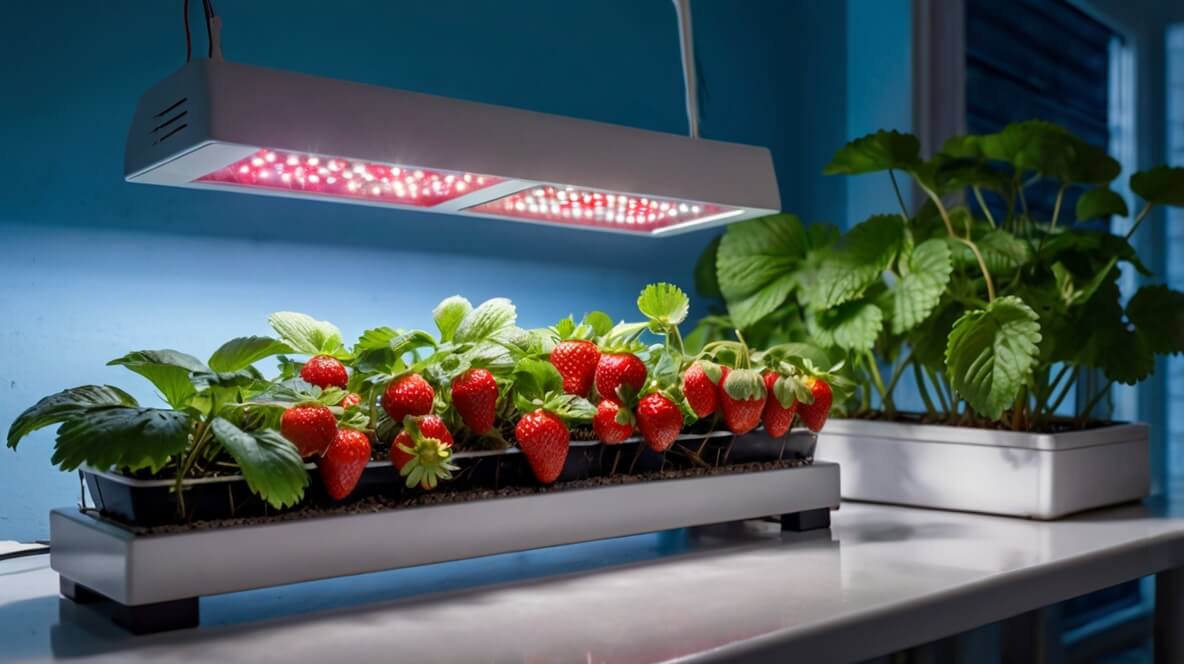 plantas de morangos em pequenas filas, em horta hidroponica com lus de led