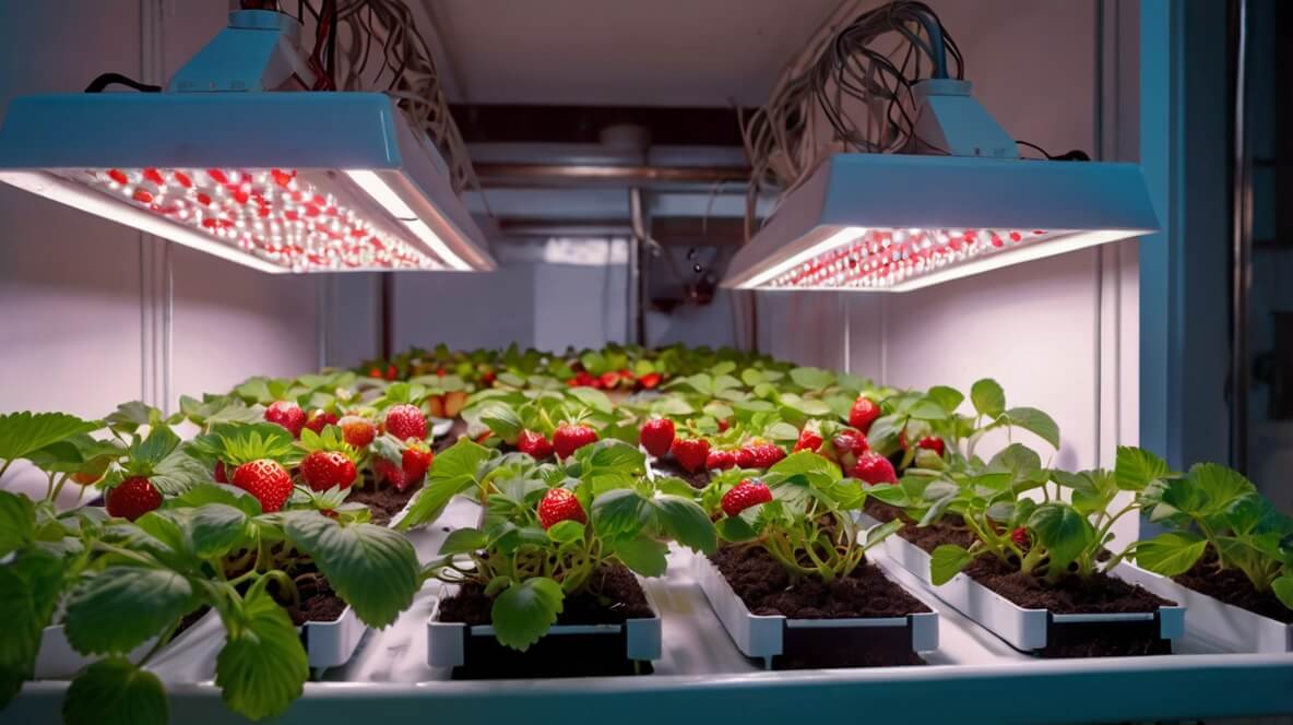 plantas de morangos em pequenas filas, em horta hidroponica com lus de led
