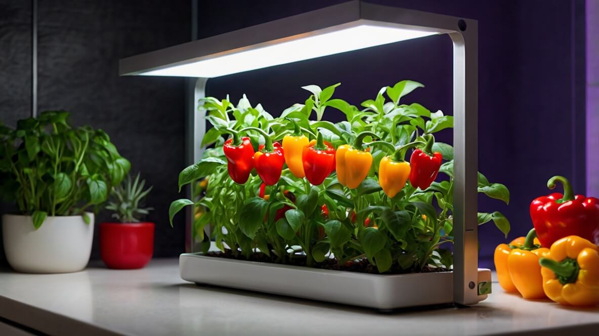 pimentao em horta hidroponica com lus de led