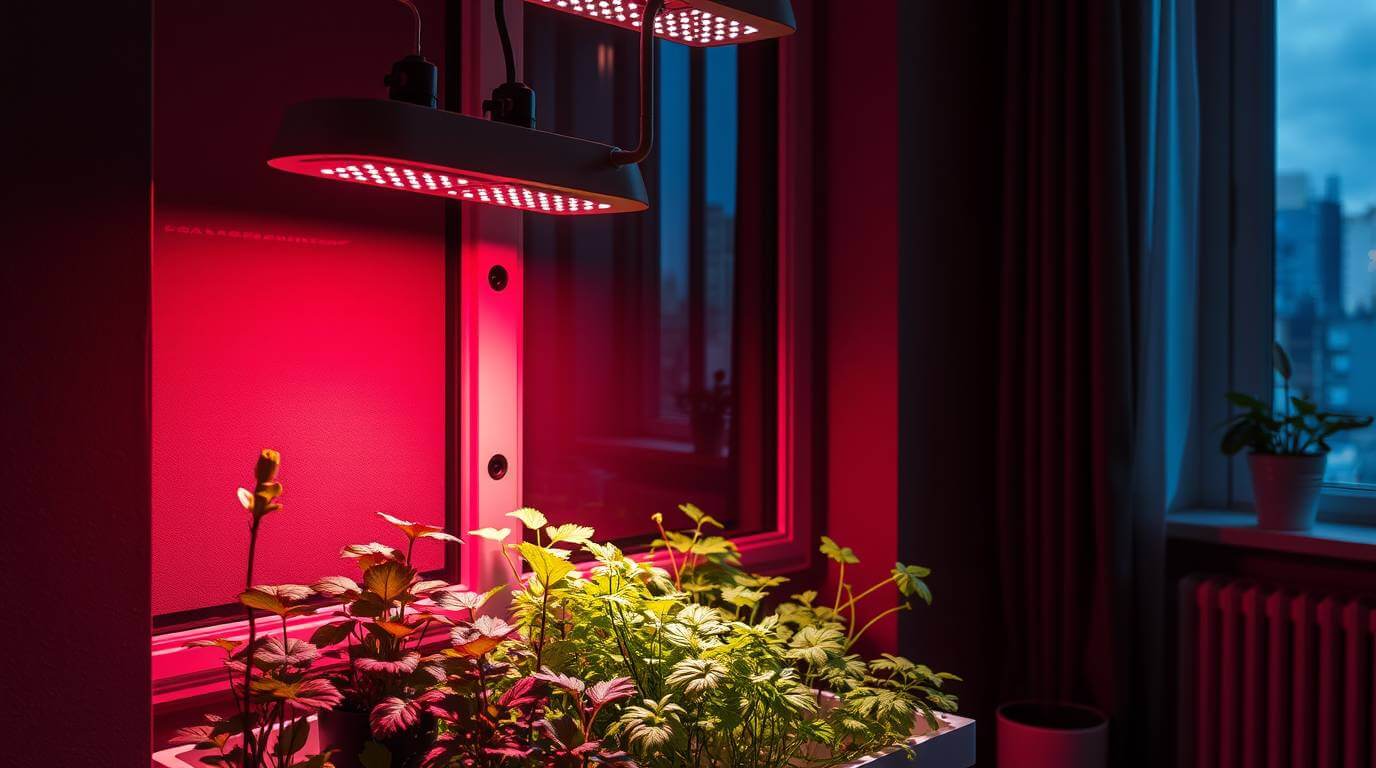 Sala com luzes de led em hidroponia