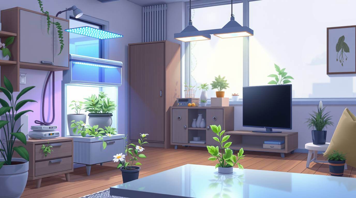 Sala com luzes de led em hidroponia