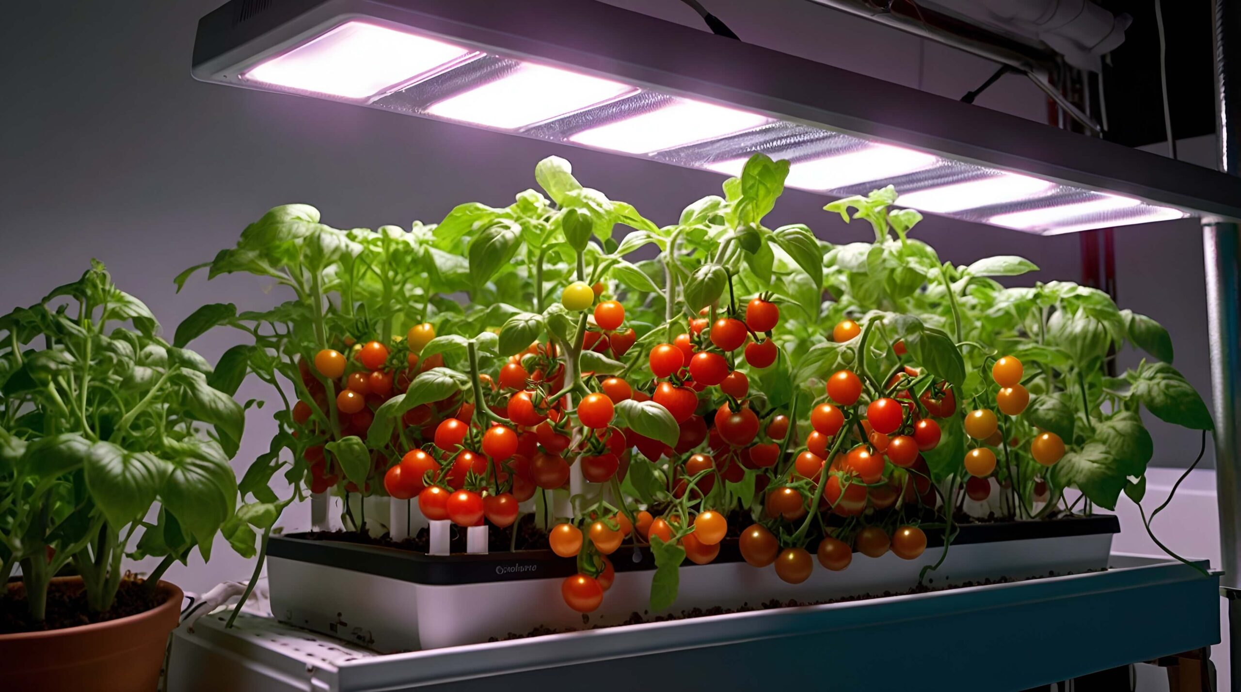 tomates em horta hidroponica com luzes de led